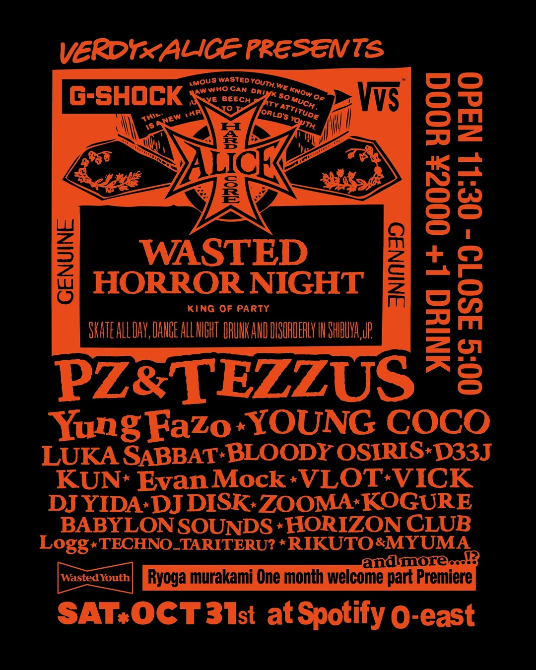 Flyer for VERDY x ALICE presents WASTED HORROR NIGHT MIDNIGHT EAST / 東間屋(AZUMAYA) at MIDNIGHT EAST